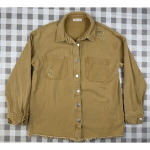 Mustard Distressed Shacket Jacket Raw Hem Boho Western Grunge S
